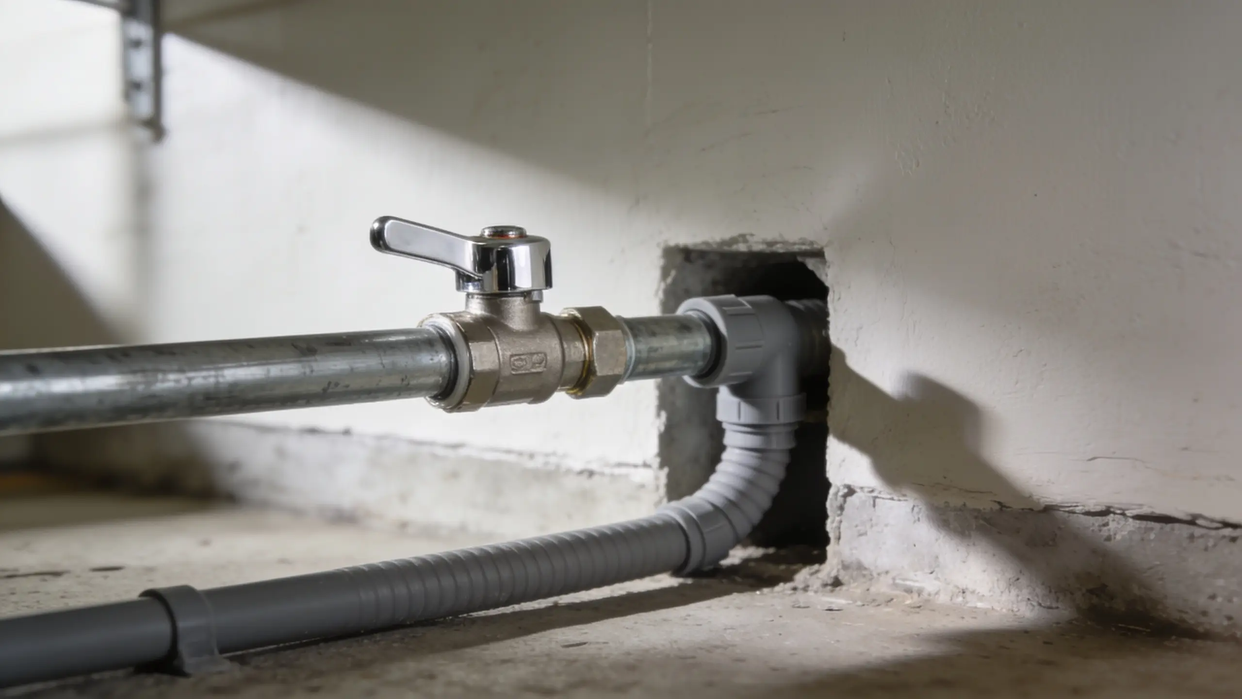 Chrome lever shutoff valve on a galvanised steel water supply line where it enters a wall