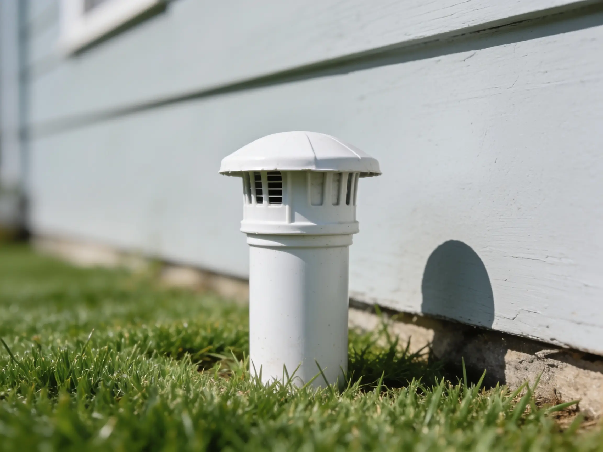 Capped drain cleanout fitting at ground level beside a building wall