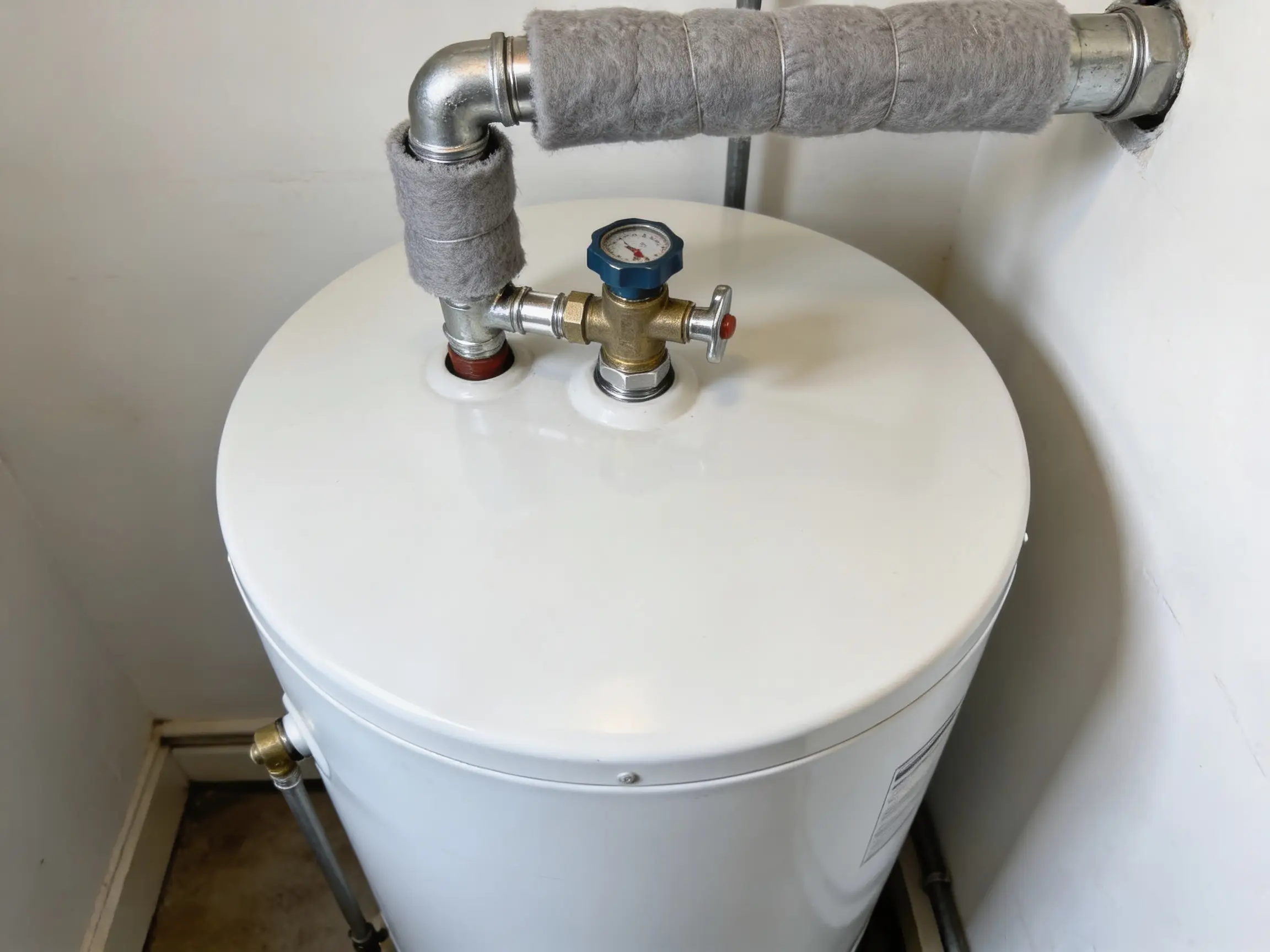 Top of a residential water heater tank showing the cold inlet shutoff valve and connections