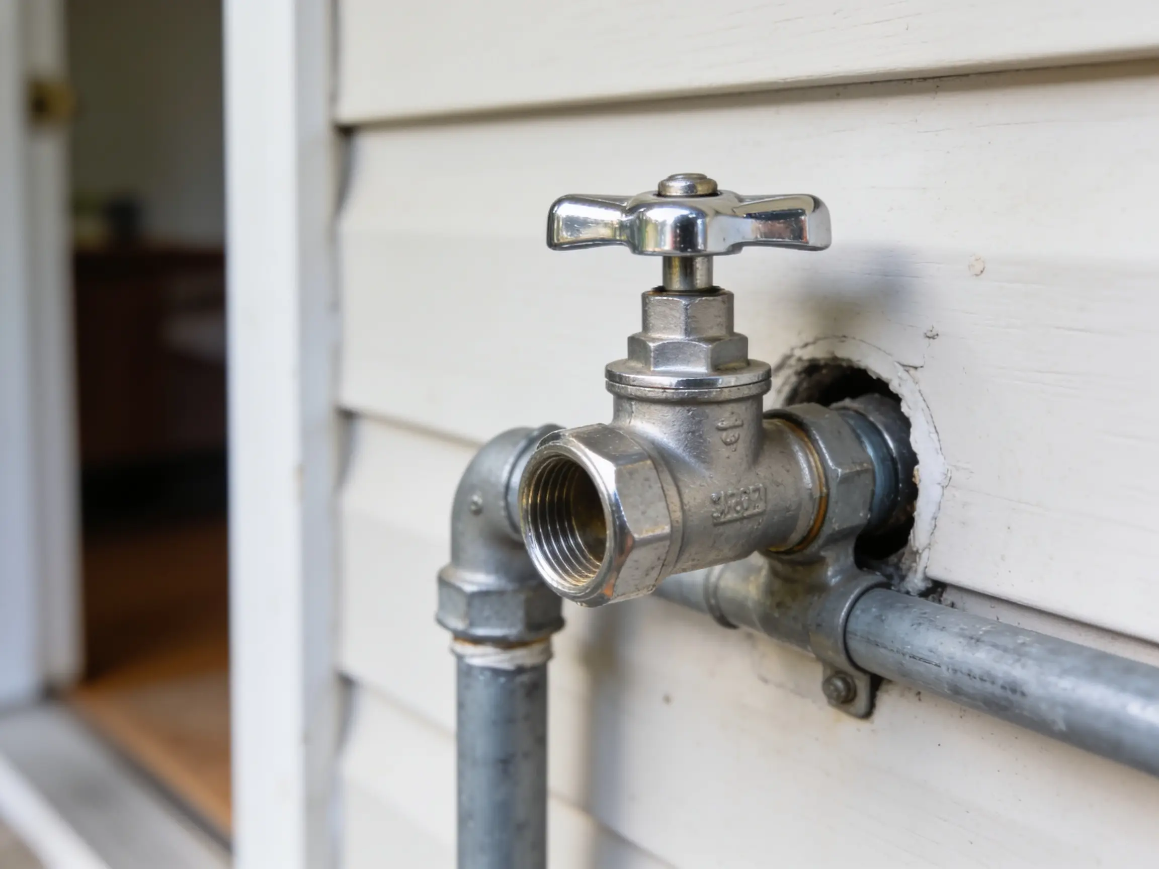 Brass main water shutoff valve on a supply line where it enters a building