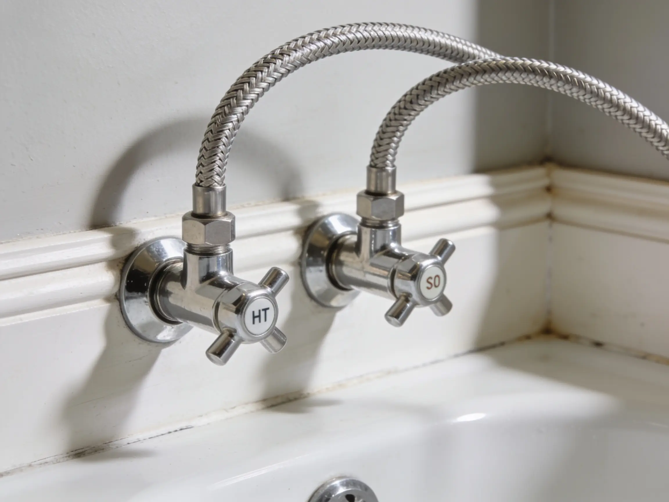 Pair of angled chrome stop valves on hot and cold supply lines behind a fixture