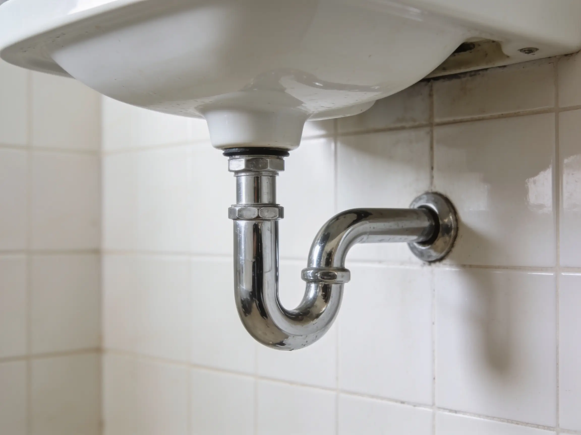 Chrome p-trap bend on the waste pipe beneath a sink