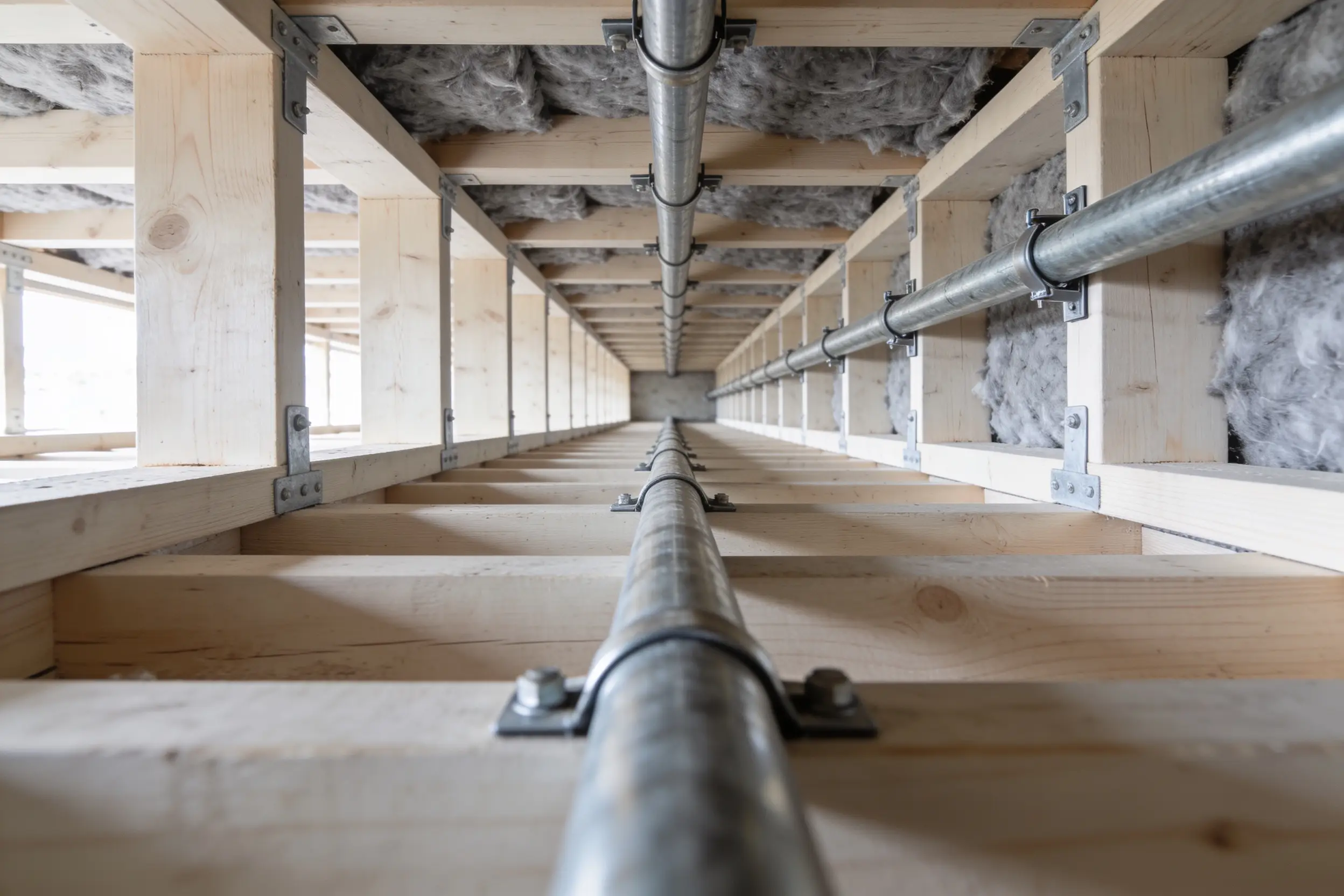 New copper supply pipe run clipped along floor joists in an open ceiling
