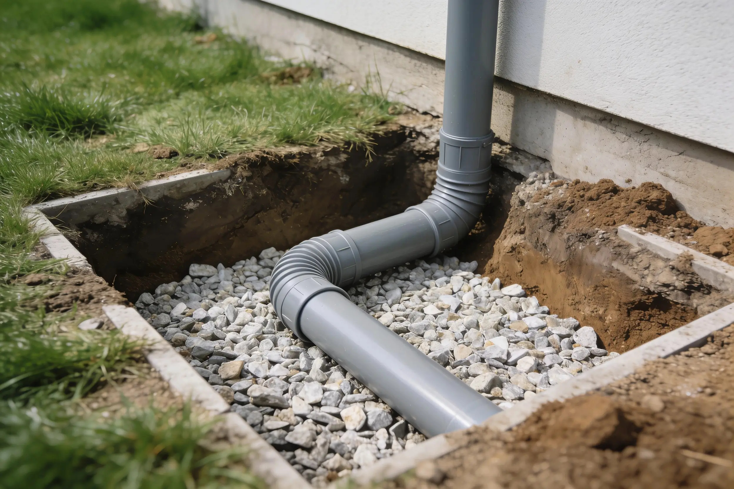 Open trench beside a building showing a sewer line and its bedding