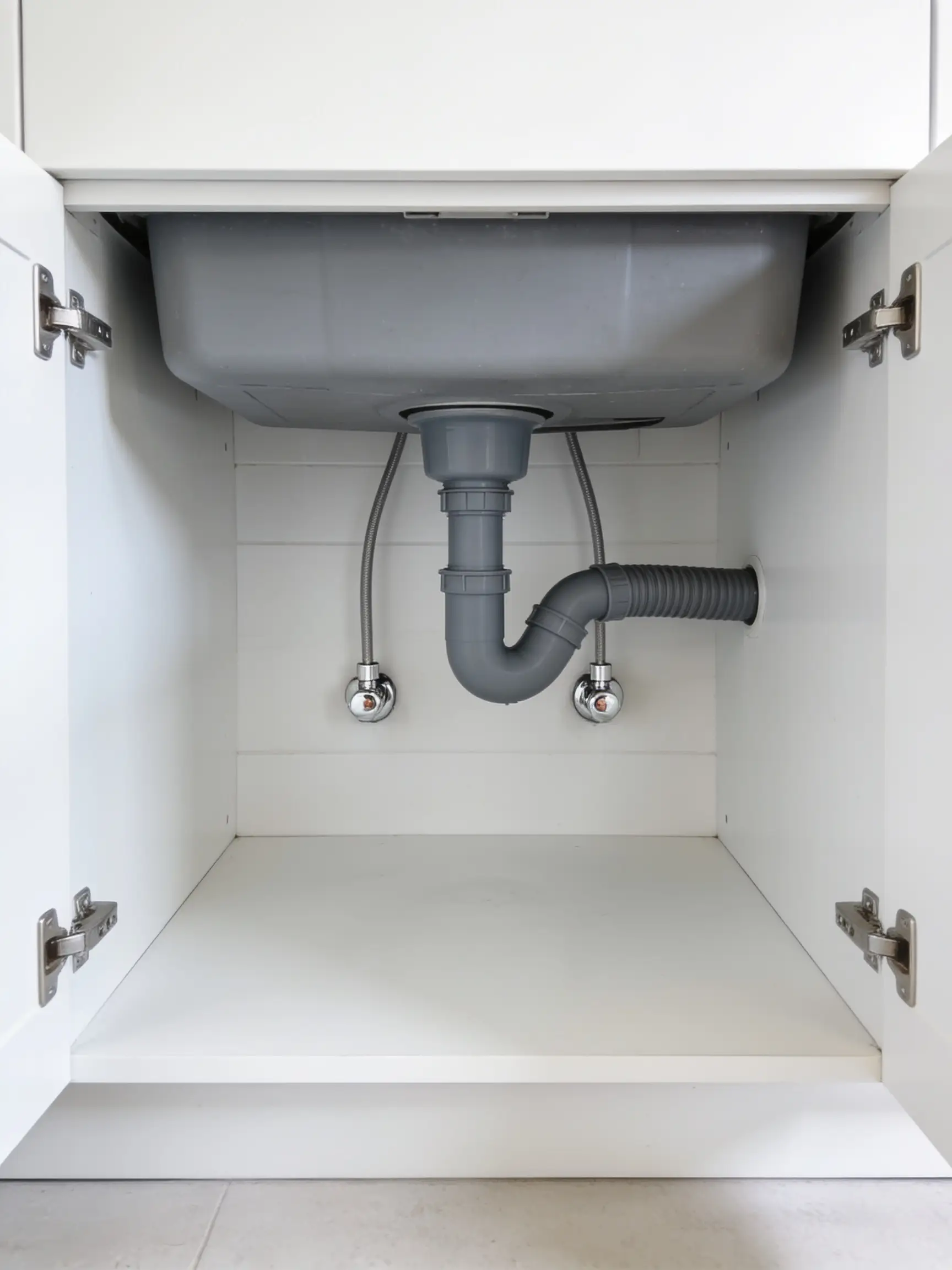 Interior of a tidy kitchen sink base cabinet showing the drain trap and two chrome stop valves on the supply lines